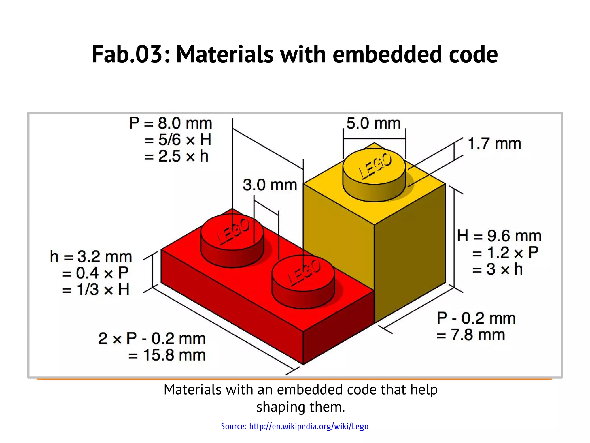 Fab.03: Materials with embedded code




      Materials with an embedded code that help
                     shaping them.
              Source: http://en.wikipedia.org/wiki/Lego
 