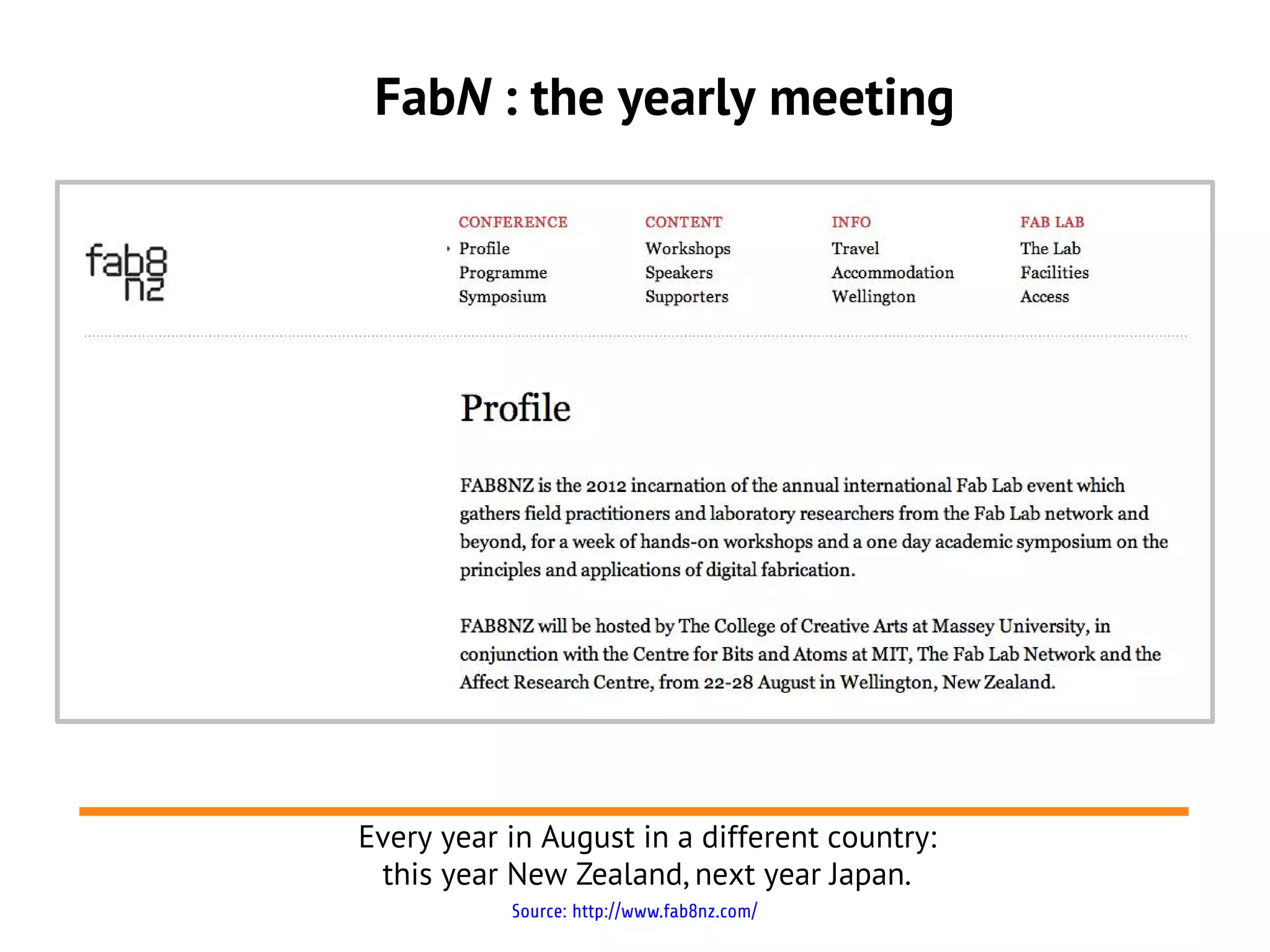 FabN : the yearly meeting




Every year in August in a different country:
 this year New Zealand, next year Japan.
           Source: http://www.fab8nz.com/
 