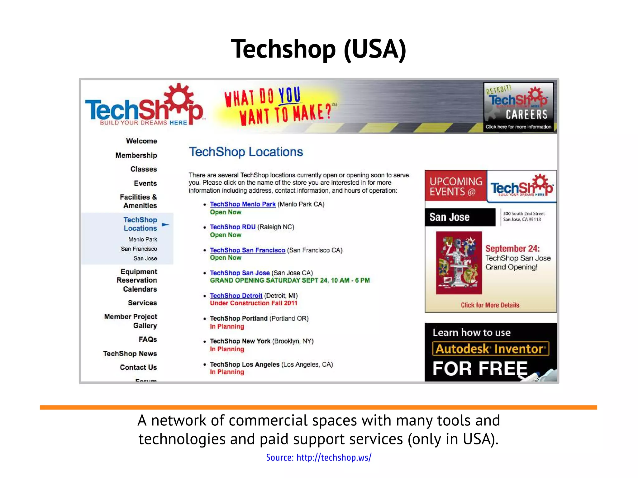 Techshop (USA)




A network of commercial spaces with many tools and
technologies and paid support services (only in USA).
                  Source: http://techshop.ws/
 