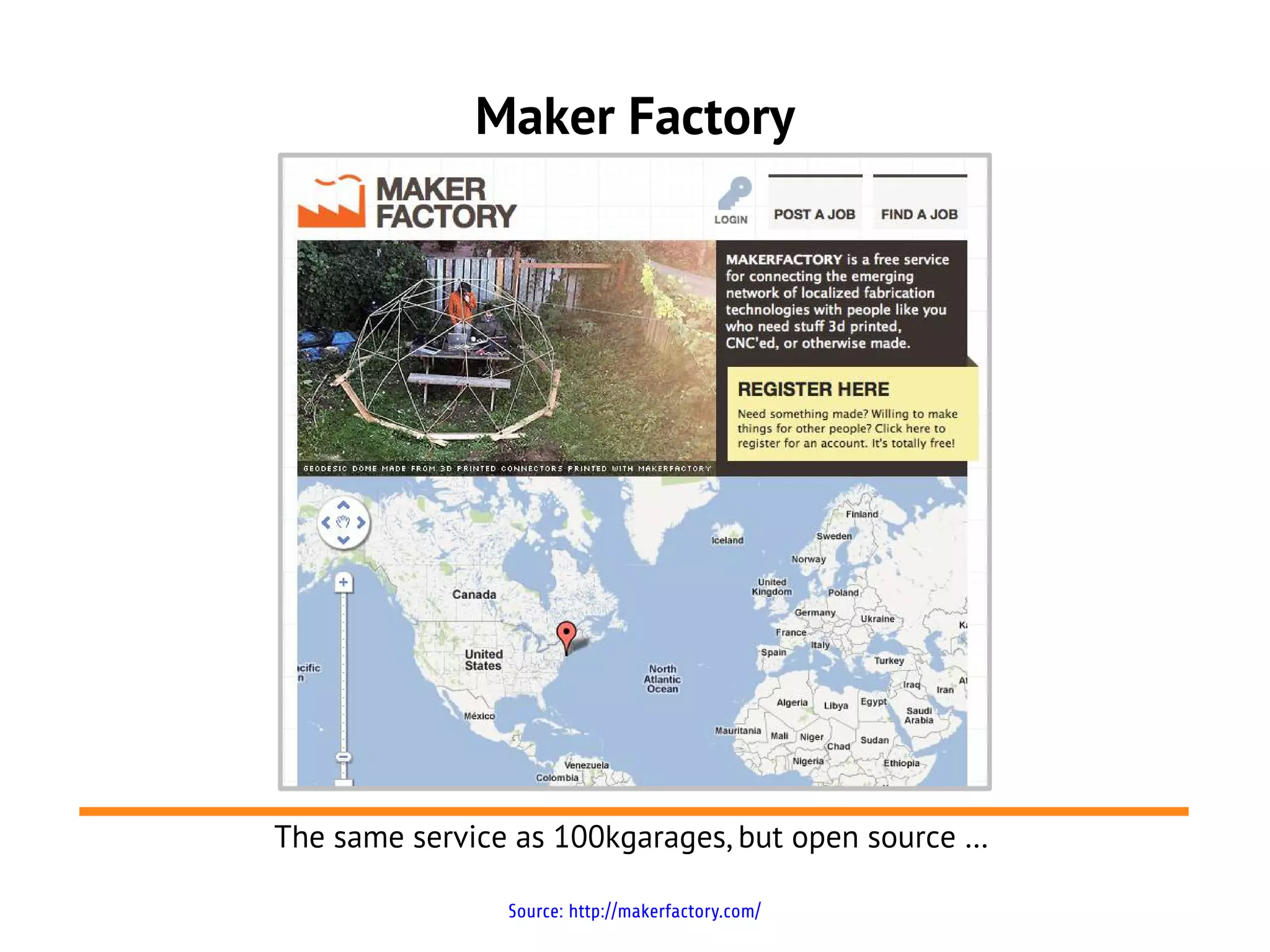 Maker Factory




The same service as 100kgarages, but open source …

                Source: http://makerfactory.com/
 