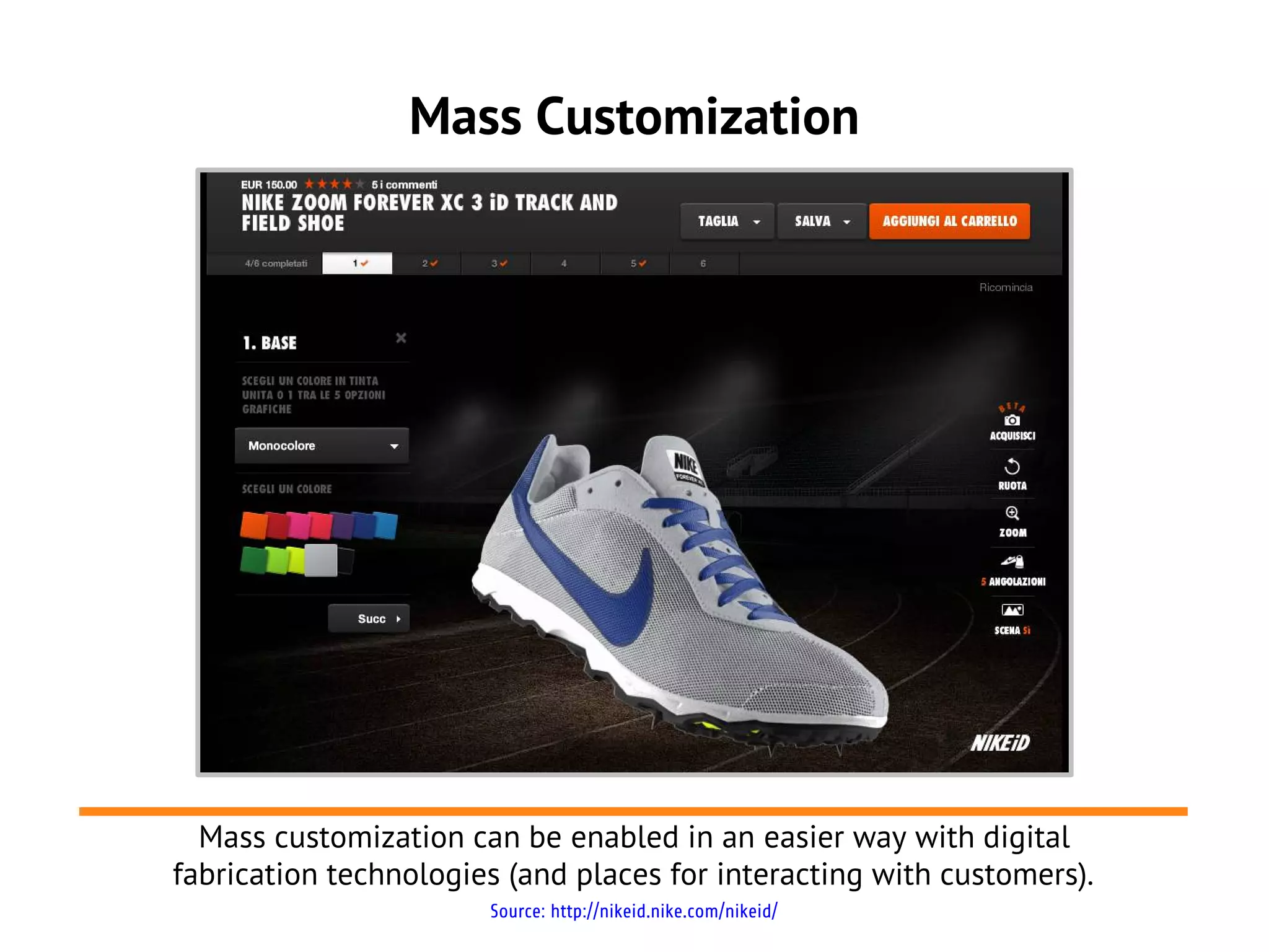 Mass Customization




  Mass customization can be enabled in an easier way with digital
fabrication technologies (and places for interacting with customers).
                       Source: http://nikeid.nike.com/nikeid/
 