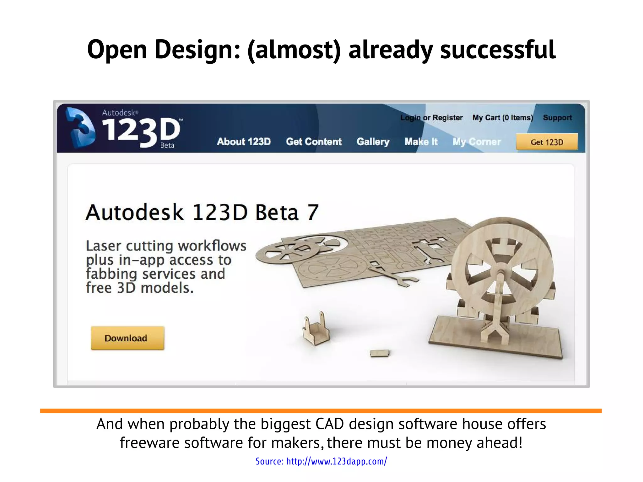 Open Design: (almost) already successful




And when probably the biggest CAD design software house offers
   freeware software for makers, there must be money ahead!
                     Source: http://www.123dapp.com/
 