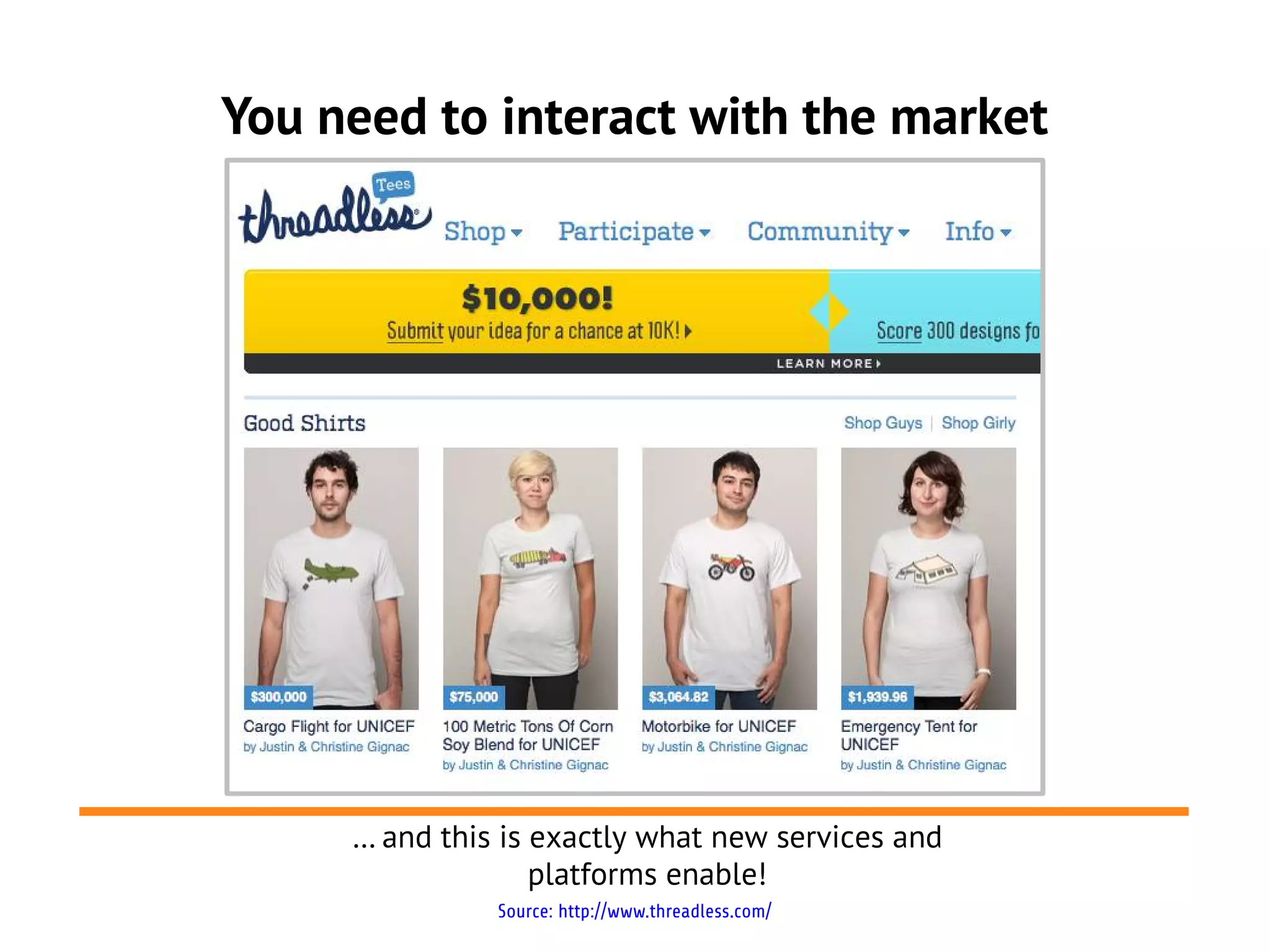 You need to interact with the market




     … and this is exactly what new services and
                   platforms enable!
               Source: http://www.threadless.com/
 