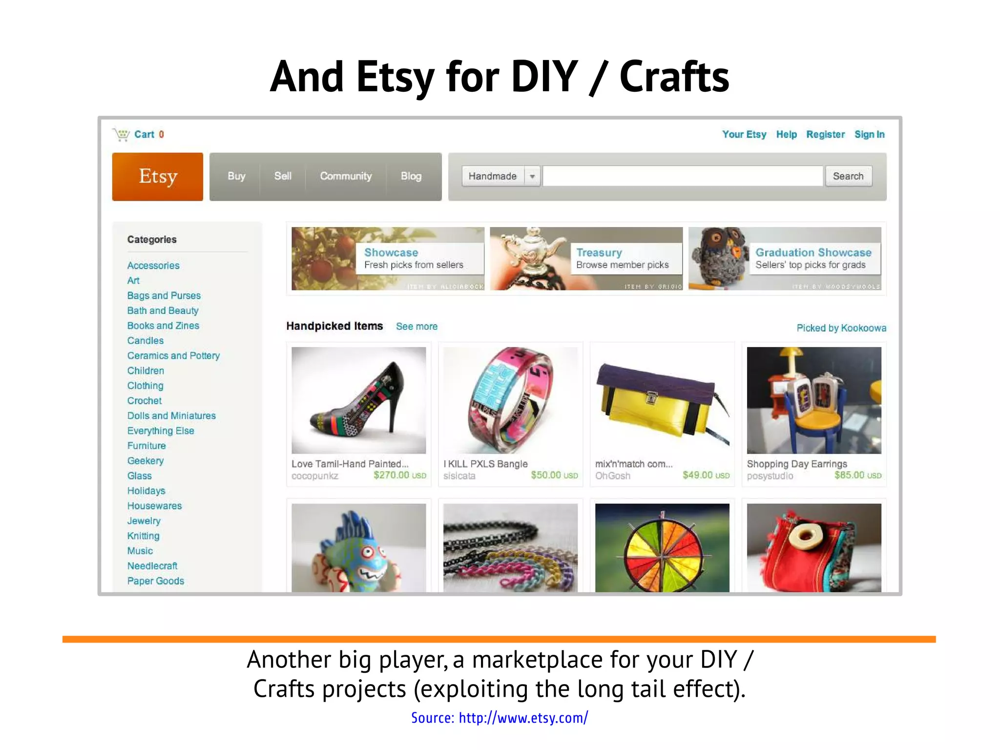 And Etsy for DIY / Crafts




Another big player, a marketplace for your DIY /
Crafts projects (exploiting the long tail effect).
                Source: http://www.etsy.com/
 