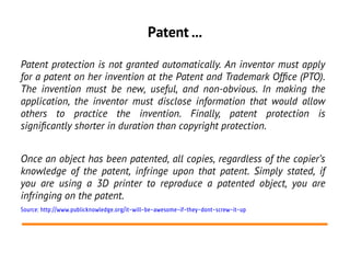 Patent ...
Patent protection is not granted automatically. An inventor must apply
for a patent on her invention at the Pat...