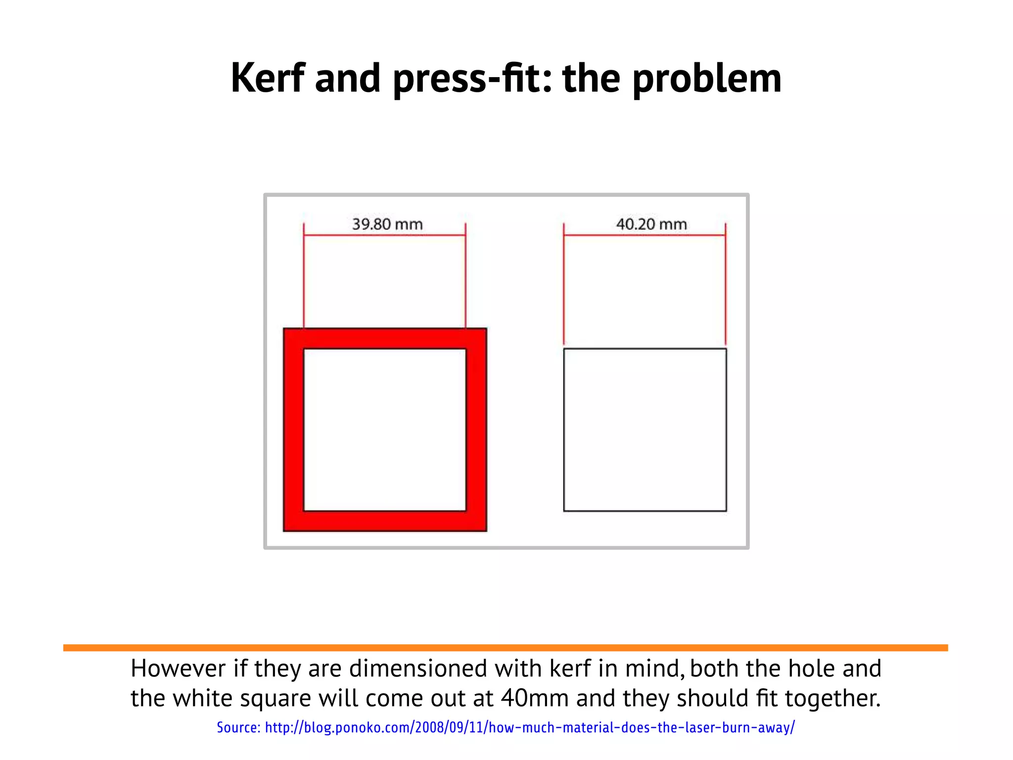 Kerf and press-ft: the problem




However if they are dimensioned with kerf in mind, both the hole and
the white square will come out at 40mm and they should ft together.
       Source: http://blog.ponoko.com/2008/09/11/how-much-material-does-the-laser-burn-away/
 