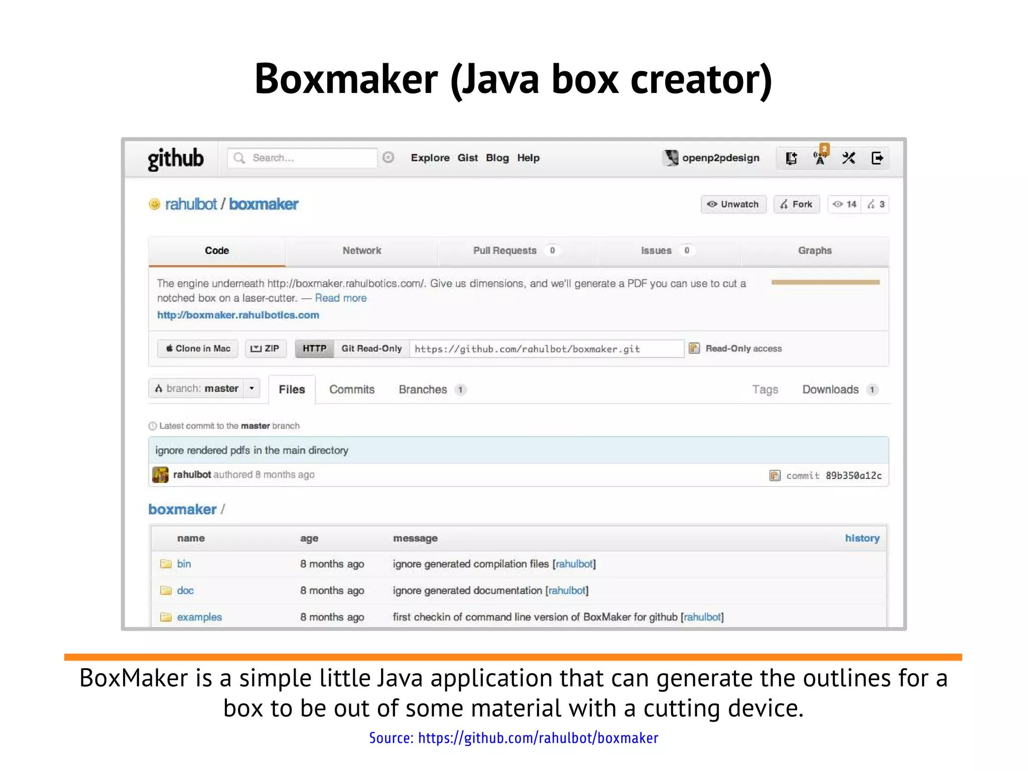 Boxmaker (Java box creator)




BoxMaker is a simple little Java application that can generate the outlines for a
            box to be out of some material with a cutting device.
                           Source: https://github.com/rahulbot/boxmaker
 