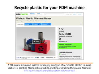 Recycle plastic for your FDM machine




A 3D plastic extrusion system for mostly any type of recyclable plastic, to make
usable 3D printing flament by grinding, melting, extruding the plastic flament.
               Source: http://www.kickstarter.com/projects/rocknail/filabot-plastic-filament-maker
 