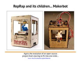 RepRap and its children... Makerbot




       Again, the evolution of an open source
     project that's too big to ft into one slide...
            Source: http://en.wikipedia.org/wiki/Makerbot
 
