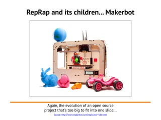RepRap and its children... Makerbot




       Again, the evolution of an open source
     project that's too big to ft into one slide...
           Source: http://store.makerbot.com/replicator-404.html
 