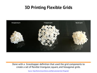 3D Printing Flexible Grids




Done with a Grasshopper defnition that used the grid components to
   create a set of flexible triangular, square, and hexagonal grids.
              Source: http://lmnts.lmnarchitects.com/fabrication/printed-flexgrids/
 