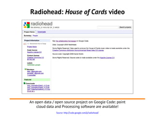 Radiohead: House of Cards video




An open data / open source project on Google Code: point
    cloud data and Processing software are available!
               Source: http://code.google.com/p/radiohead/
 