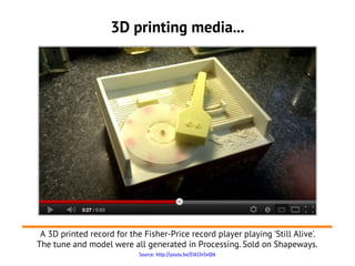 3D printing media...




 A 3D printed record for the Fisher-Price record player playing 'Still Alive'.
The tune and model were all generated in Processing. Sold on Shapeways.
                            Source: http://youtu.be/ElAJJnSvQtk
 