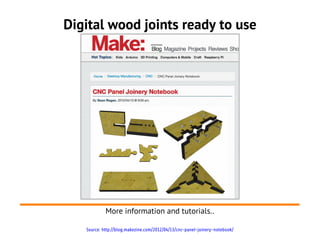 Source: http://blog.makezine.com/2012/04/13/cnc-panel-joinery-notebook/
Digital wood joints ready to use
More information and tutorials..
 