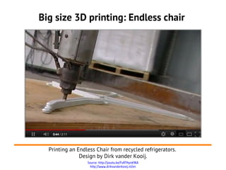 Big size 3D printing: Endless chair




  Printing an Endless Chair from recycled refrigerators.
               Design by Dirk vander Kooij.
                  Source: http://youtu.be/FvRTHynk9KA
                    http://www.dirkvanderkooij.nl/en
 