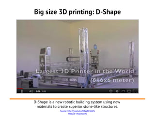 Big size 3D printing: D-Shape




D-Shape is a new robotic building system using new
 materials to create superior stone-like structures.
               Source: http://youtu.be/HBxx8XTpDZ4
                       http://d-shape.com/
 
