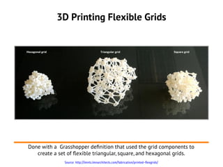 3D Printing Flexible Grids




Done with a Grasshopper defnition that used the grid components to
   create a set of flexible triangular, square, and hexagonal grids.
              Source: http://lmnts.lmnarchitects.com/fabrication/printed-flexgrids/
 