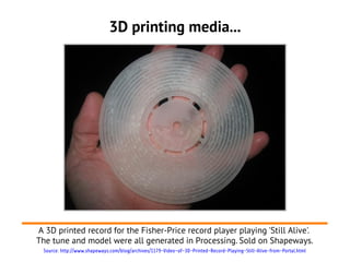 3D printing media...




A 3D printed record for the Fisher-Price record player playing 'Still Alive'.
The tune and model were all generated in Processing. Sold on Shapeways.
  Source: http://www.shapeways.com/blog/archives/1179-Video-of-3D-Printed-Record-Playing-Still-Alive-from-Portal.html
 