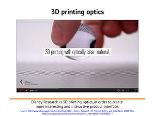 3D printing optics




          Disney Research is 3D printing optics, in order to create
             more interesting and interactive product interface.
Source: http://www.shapeways.com/blog/archives/1671-Disney-Research-3D-Printed-Optics-and-Interfaces-VIDEO.html
                      http://www.youtube.com/watch?feature=player_embedded&v=eTeXTbXA6-Y
 