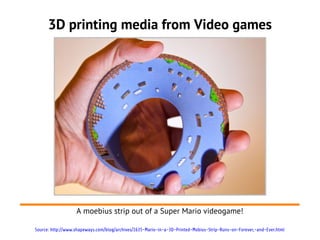 3D printing media from Video games




                   A moebius strip out of a Super Mario videogame!

Source: http://www.shapeways.com/blog/archives/1635-Mario-in-a-3D-Printed-Mobius-Strip-Runs-on-Forever,-and-Ever.html
 