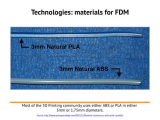 Technologies: materials for FDM




Most of the 3D Printing community uses either ABS or PLA in either
                    3mm or 1.75mm diameters.
        Source: http://www.protoparadigm.com/2011/11/filament-tolerances-and-print-quality/
 
