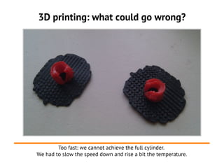 3D printing: what could go wrong?




        Too fast: we cannot achieve the full cylinder.
We had to slow the speed down and rise a bit the temperature.
 