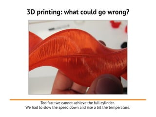 3D printing: what could go wrong?




        Too fast: we cannot achieve the full cylinder.
We had to slow the speed down and rise a bit the temperature.
 