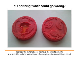 3D printing: what could go wrong?




           Too fast: the material does not have the time to solidify.
Also: too thin, and the roof collapses. On the right: slower and bigger detail.
 