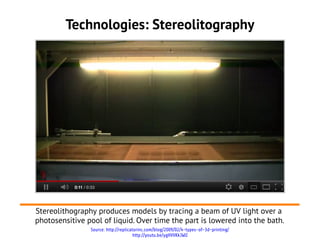 Technologies: Stereolitography




Stereolithography produces models by tracing a beam of UV light over a
photosensitive pool of liquid. Over time the part is lowered into the bath.
                Source: http://replicatorinc.com/blog/2009/02/4-types-of-3d-printing/
                                       http://youtu.be/ygHVVKkJWlI
 