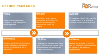 13
SOCIALme
Montrer aux équipes la force du
SOCIAL SELLING, les transformer
en experts et les mener au
dépassement
MYROAD
Une méthode de prise de
conscience de l’individu du
besoin de changer et lui
donnant une vision sur
l’avenir
FORCEme
L’analyse des processus de vente
et leur redéfinition « digitale » afin
de transformer les vendeurs en
« sales consultants »
4WARDED
Un travail sur l’esprit d’équipe, les
comportements et le renfort de
croyance envers le management
VISION
Un set d’outils permettant
d’aligner et faire adhérer tout
le management
BROWN BAG
Sessions continues d’informations
sur les meilleures pratiques du
marché en digital basé sur le
volontariat
OFFRES PACKAGES
 