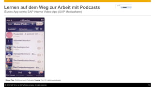 © 2016 SAP SE or an SAP affiliate company. All rights reserved. 10
Lernen auf dem Weg zur Arbeit mit Podcasts
iTunes App sowie SAP interne Video-App (SAP Mediashare)
Blogs-Tips: Einführen von Podcasts / meine Top 10 Lieblingspodcasts
 