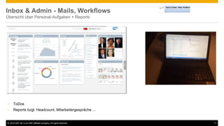 © 2016 SAP SE or an SAP affiliate company. All rights reserved. 11
Inbox & Admin - Mails, Workflows
Übersicht über Personal-Aufgaben + Reports
• ToDos
• Reports bzgl. Headcount, Mitarbeitergespräche ...
 