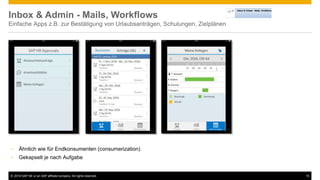 © 2016 SAP SE or an SAP affiliate company. All rights reserved. 15
• Ähnlich wie für Endkonsumenten (consumerization)
• Gekapselt je nach Aufgabe
Inbox & Admin - Mails, Workflows
Einfache Apps z.B. zur Bestätigung von Urlaubsanträgen, Schulungen, Zielplänen
 