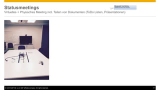 © 2016 SAP SE or an SAP affiliate company. All rights reserved. 17
Statusmeetings
Virtuelles + Physisches Meeting incl. Teilen von Dokumenten (ToDo Listen, Präsentationen)
 