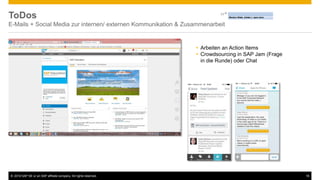 © 2016 SAP SE or an SAP affiliate company. All rights reserved. 18
ToDos
E-Mails + Social Media zur internen/ externen Kommunikation & Zusammenarbeit
 Arbeiten an Action Items
 Crowdsourcing in SAP Jam (Frage
in die Runde) oder Chat
 