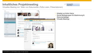 © 2016 SAP SE or an SAP affiliate company. All rights reserved. 20
Inhaltliches Projektmeeting
Virtuelles Meeting incl. Teilen von Dokumenten (ToDo Listen, Präsentationen)
 Arbeiten an Action Items
 Social Mediagruppen für Abstimmung &
Dokumentablage
 Virtuelle Meetings
 