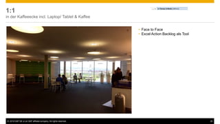 © 2016 SAP SE or an SAP affiliate company. All rights reserved. 26
1:1
in der Kaffeeecke incl. Laptop/ Tablet & Kaffee
 Face to Face
 Excel Action Backlog als Tool
 