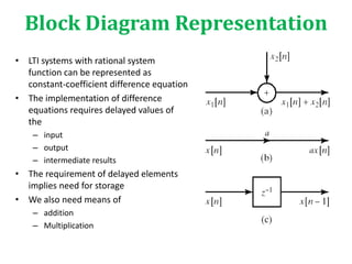 Block Diagram Representation
• LTI systems with rational system
function can be represented as
constant-coefficient difference equation
• The implementation of difference
equations requires delayed values of
the
– input
– output
– intermediate results
• The requirement of delayed elements
implies need for storage
• We also need means of
– addition
– Multiplication
 