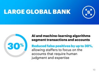 Reduced false positives by up to 30%,
allowing staffers to focus on the
accounts that require human
judgment and expertise
AI and machine-learning algorithms
segment transactions and accounts
LARGE GLOBAL BANK
30%
 