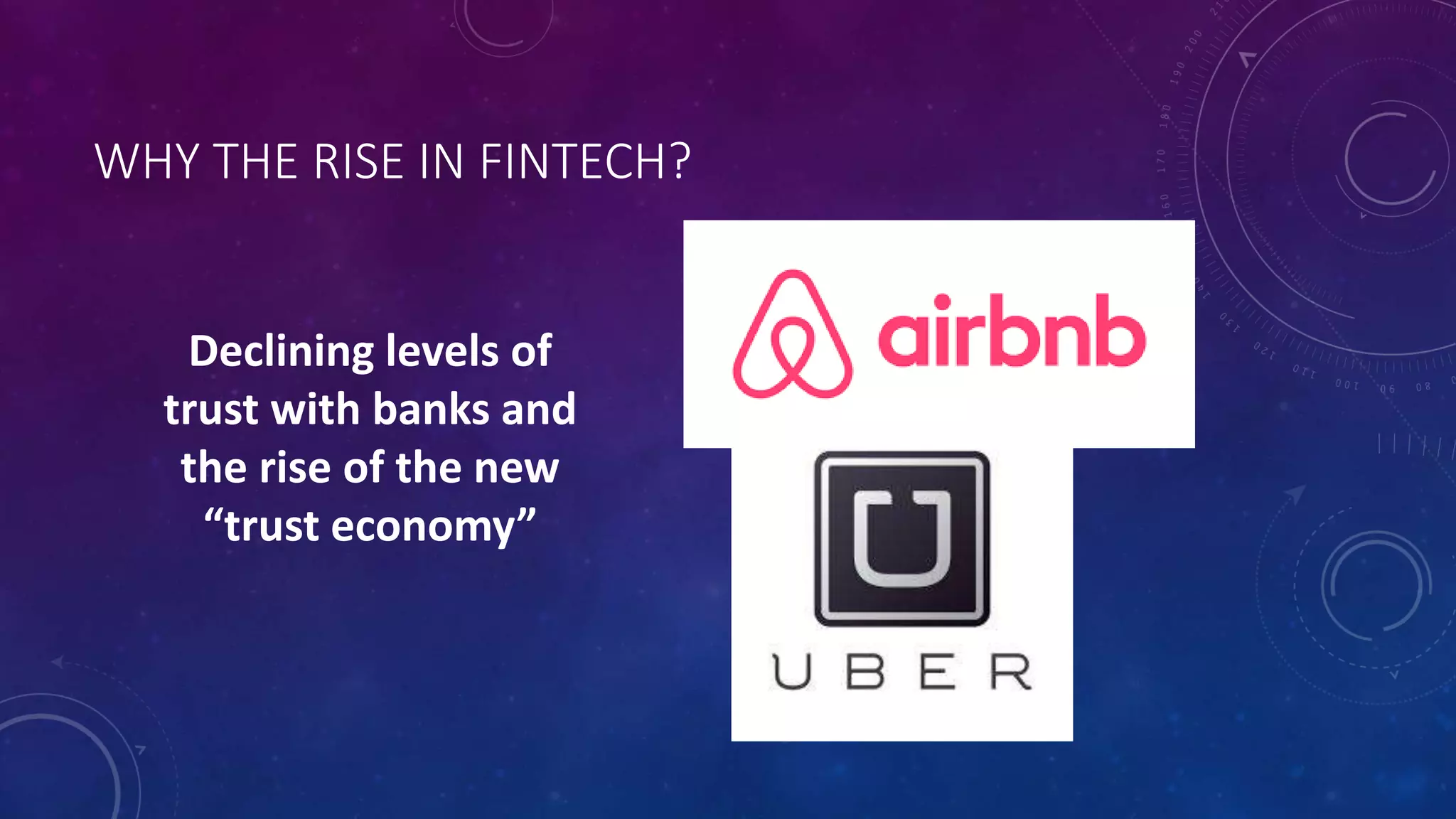WHY THE RISE IN FINTECH?
Declining levels of
trust with banks and
the rise of the new
“trust economy”
 