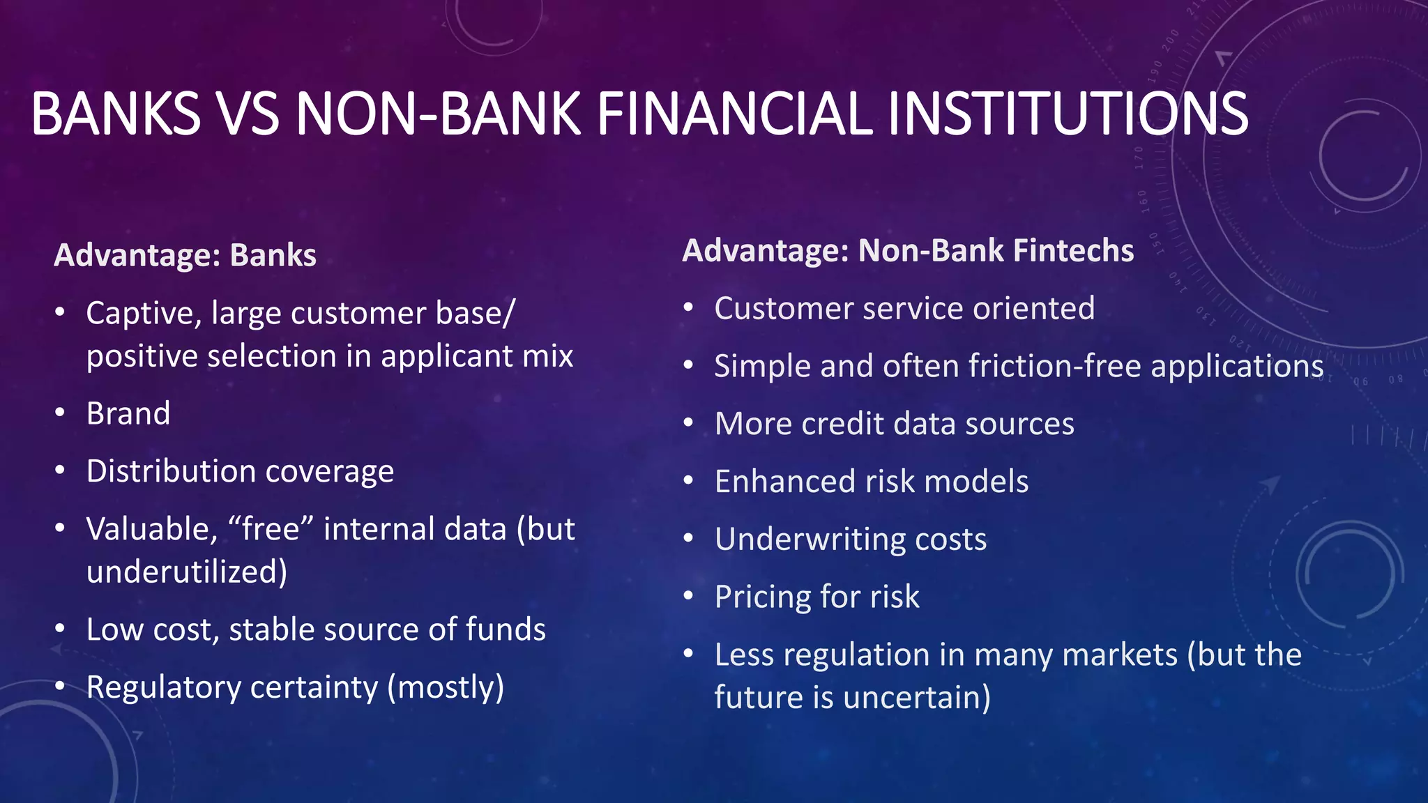 BANKS VS NON-BANK FINANCIAL INSTITUTIONS
Advantage: Banks
• Captive, large customer base/
positive selection in applicant mix
• Brand
• Distribution coverage
• Valuable, “free” internal data (but
underutilized)
• Low cost, stable source of funds
• Regulatory certainty (mostly)
Advantage: Non-Bank Fintechs
• Customer service oriented
• Simple and often friction-free applications
• More credit data sources
• Enhanced risk models
• Underwriting costs
• Pricing for risk
• Less regulation in many markets (but the
future is uncertain)
 