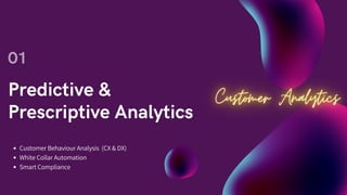 Predictive &
Prescriptive Analytics
01
Customer Behaviour Analysis (CX & DX)
White Collar Automation
Smart Compliance
 