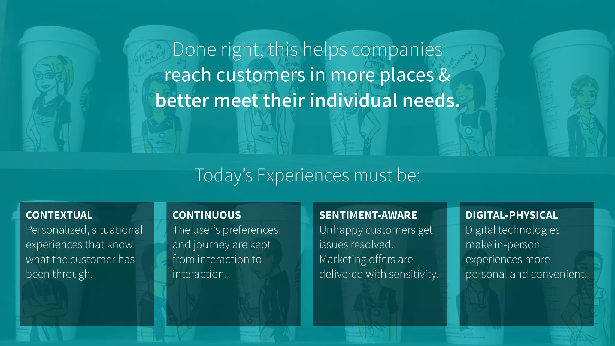 Done right, this helps companies 
reach customers in more places &
better meet their individual needs.
CONTINUOUS
The user’s preferences
and journey are kept
from interaction to
interaction.
CONTEXTUAL
Personalized, situational
experiences that know
what the customer has
been through.
DIGITAL-PHYSICAL
Digital technologies
make in-person
experiences more
personal and convenient.
SENTIMENT-AWARE
Unhappy customers get
issues resolved.
Marketing offers are
delivered with sensitivity.
Today’s Experiences must be:
 