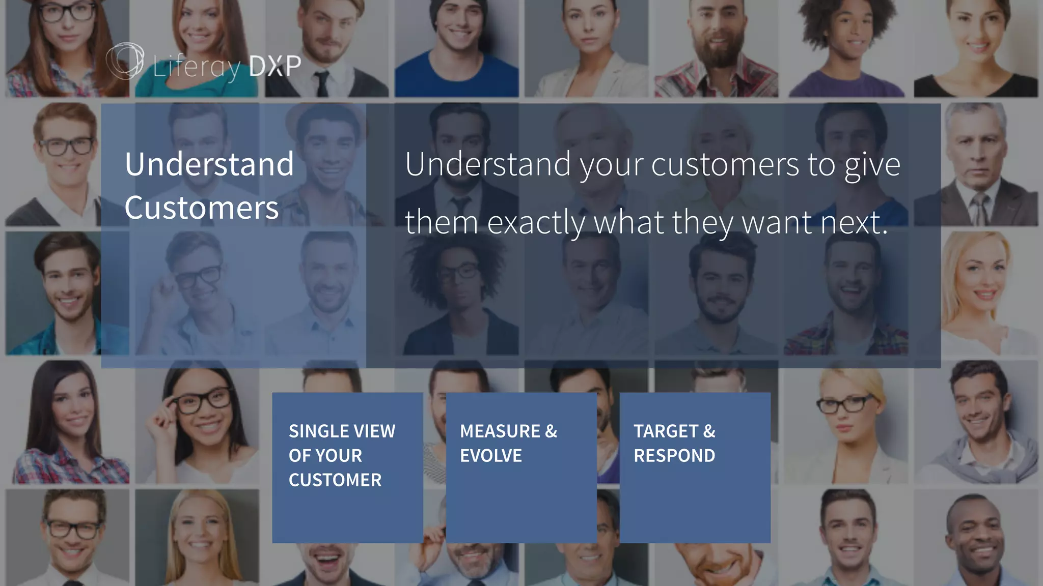 Understand
Customers
Understand your customers to give
them exactly what they want next.
SINGLE VIEW
OF YOUR
CUSTOMER
MEASURE &
EVOLVE
TARGET &
RESPOND
 