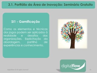15 
Digitalflow © All rights reserved 
3.1. Portfólio da Área de Inovação: Seminário Gratuito 
SI1 - Gamificação Como os elementos e técnicas dos jogos podem ser aplicados à realidade e desafios das organizações. Explicitação da abordagem, partilha de experiências e conhecimento.  