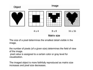 The size of a pixel determines the smallest detail visible in the image,  the number of pixels (of a given size) determines the field of view of the image.  pixel value is assigned to a certain color or gray level for visualization.  The imaged object is more faithfully reproduced as matrix size increases and pixel size decreases.  