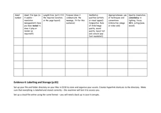 Asset
number
Asset file type (is
it usable –
resolution
manageable?) Have
you have tested it,
does it play or
render as
re...