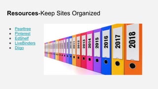 Resources-Keep Sites Organized
● Pearltree
● Pinterest
● EdShelf
● LiveBinders
● Diigo
 