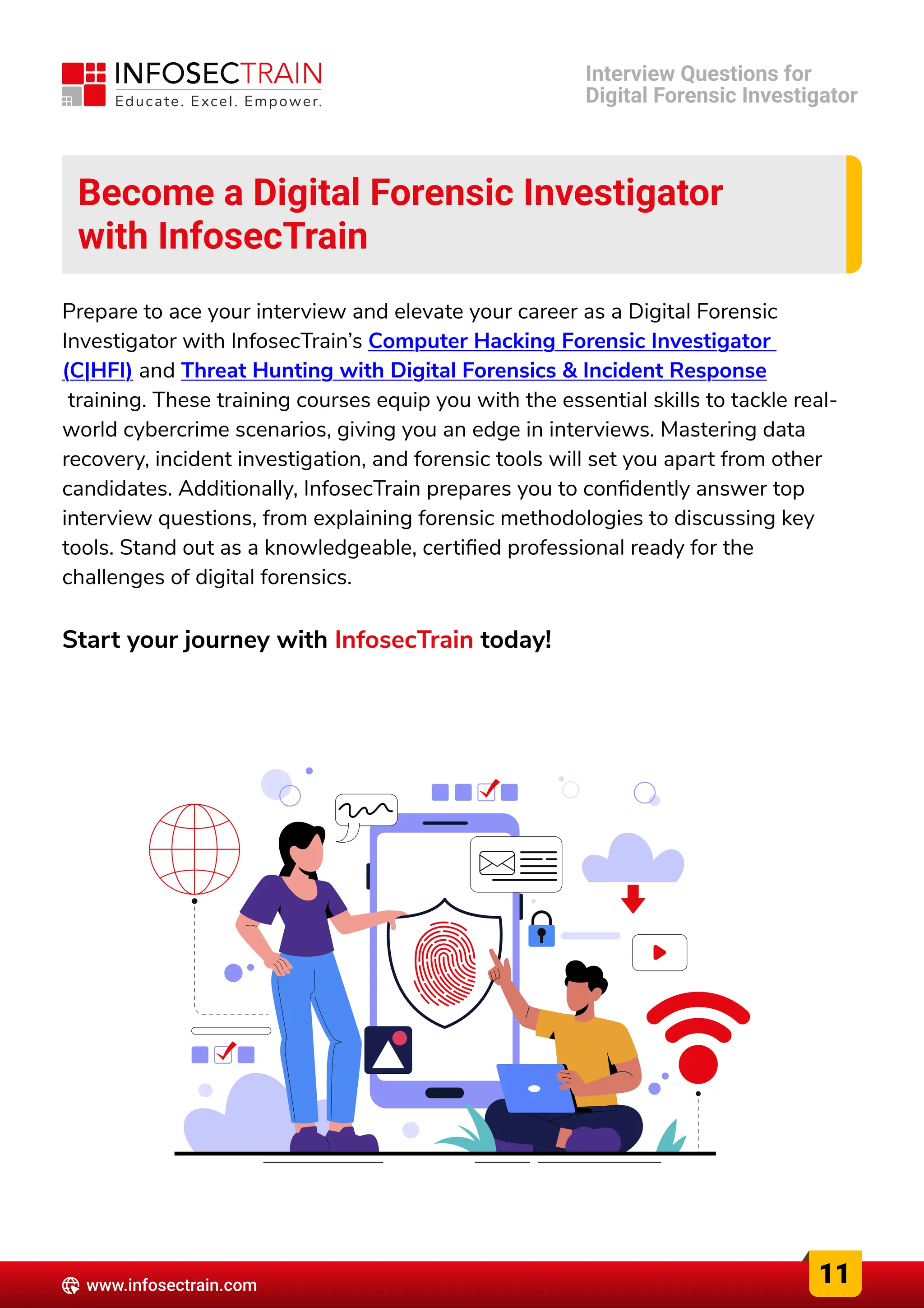 Become a Digital Forensic Investigator

with InfosecTrain
Prepare to ace your interview and elevate your career as a Digital Forensic
Investigator with InfosecTrain’s
and
training. These training courses equip you with the essential skills to tackle real-
world cybercrime scenarios, giving you an edge in interviews. Mastering data
recovery, incident investigation, and forensic tools will set you apart from other
candidates. Additionally, InfosecTrain prepares you to confidently answer top
interview questions, from explaining forensic methodologies to discussing key
tools. Stand out as a knowledgeable, certified professional ready for the
challenges of digital forensics. 


Start your journey with today!
Computer Hacking Forensic Investigator 

(C|HFI) Threat Hunting with Digital Forensics & Incident Response

InfosecTrain
11
www.infosectrain.com
Interview Questions for

Digital Forensic Investigator
 