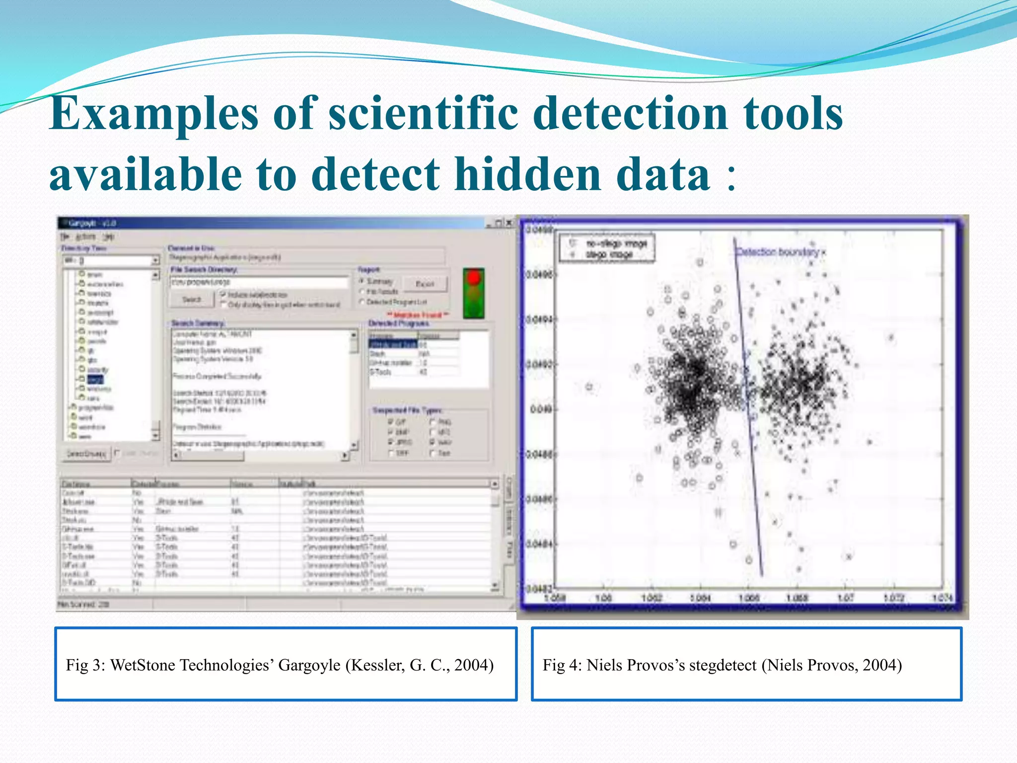 Examples of scientific detection tools
available to detect hidden data :




Fig 3: WetStone Technologies’ Gargoyle (Kessler, G. C., 2004)   Fig 4: Niels Provos’s stegdetect (Niels Provos, 2004)
 